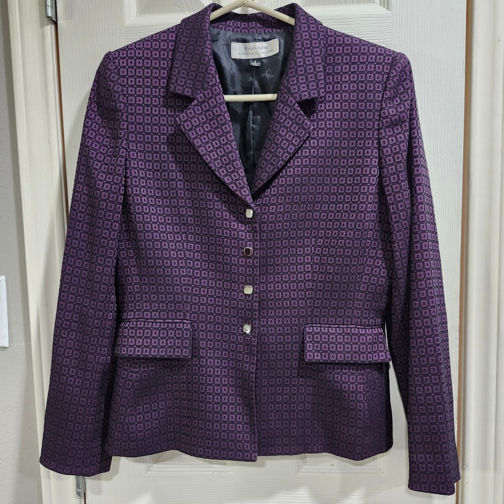 Tahari Arthur S Levine Purple Geometric Blazer Silver Buttons Size 8